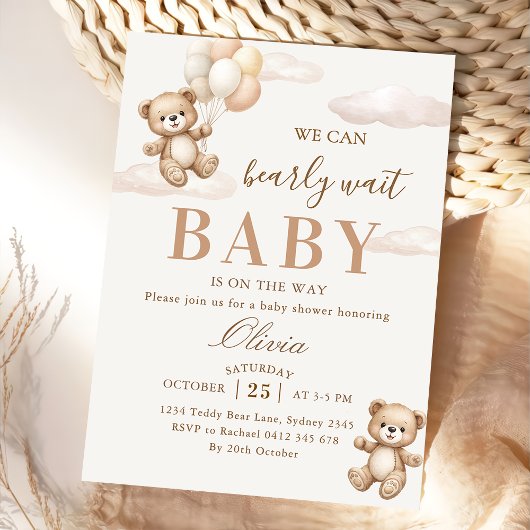 We Can Bearly Wait Elegant Teddy Baby Shower 招待状