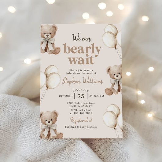We Can Bearly Wait Elegant Teddy Bear Baby Shower 招待状