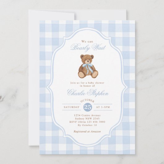 We Can Bearly Wait Elegant Teddy Bear Baby Shower 招待状 (正面)