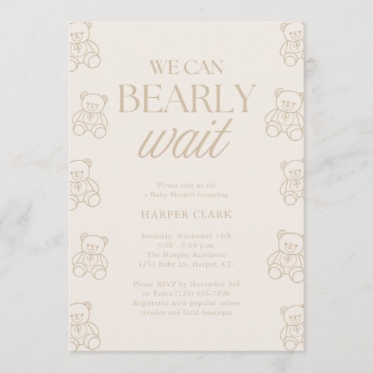 We Can Bearly Wait Gender Neutral Baby Shower 招待状 (正面)