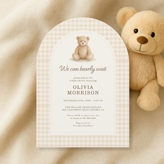 We Can Bearly Wait Gingham Baby Shower 招待状