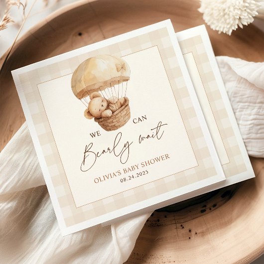 We Can Bearly Wait Gingham Teddy Bear Baby Shower スタンダードカクテルナプキン