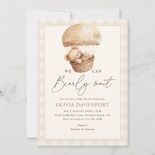 We Can Bearly Wait Gingham Teddy Bear Baby Shower 招待状 (正面)