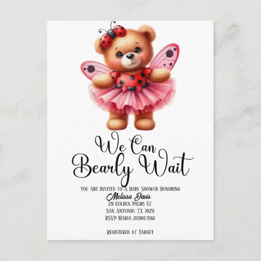 We Can Bearly Wait Girl Baby Shower Invitation ポストカード (正面)