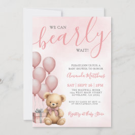 We Can Bearly Wait Girl Pink Bear Baby Shower 招待状