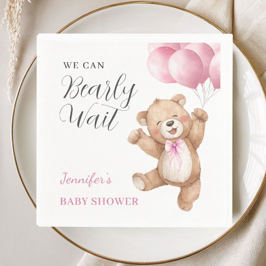 We Can Bearly Wait Girl Teddy Bear Baby Shower スタンダードカクテルナプキン