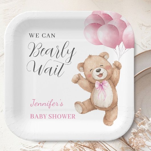 We Can Bearly Wait Girl Teddy Bear Baby Shower  ペーパープレート