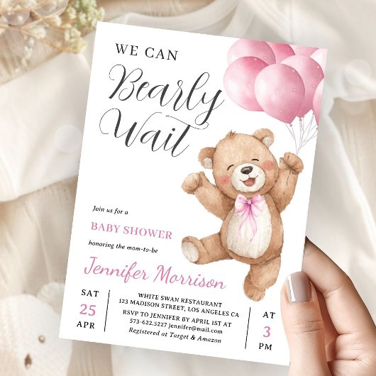 We Can Bearly Wait Girl Teddy Bear Baby Shower 招待状