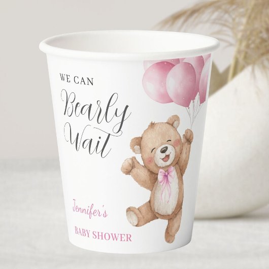 We Can Bearly Wait Girl Teddy Bear Baby Shower 紙コップ