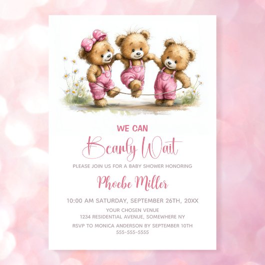 We Can Bearly Wait Girl Teddy Bears Baby Shower 招待状