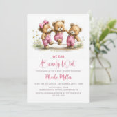 We Can Bearly Wait Girl Teddy Bears Baby Shower 招待状 (スタンド正面)
