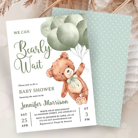 We Can Bearly Wait Green Teddy Bear Baby Shower 招待状