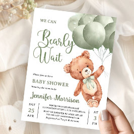 We Can Bearly Wait Green Teddy Bear Baby Shower 招待状