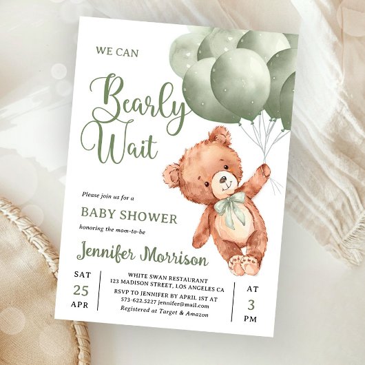 We Can Bearly Wait Green Teddy Bear Baby Shower 招待状