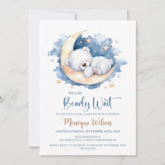 We Can Bearly Wait Moon Teddy Bear Baby Shower 招待状 (正面)