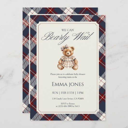 We Can Bearly Wait Navy Plaid Bear Baby Shower 招待状 (正面/裏面)