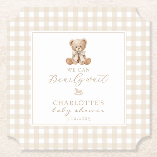 We can bearly Wait Neutral Teddy bear baby shower ペーパーコースター (正面)