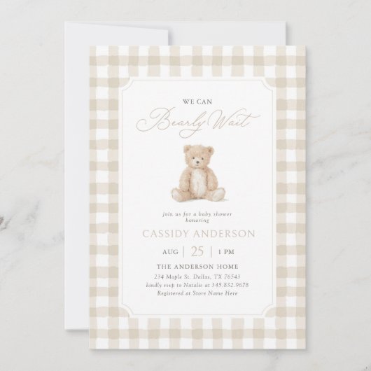 We Can Bearly Wait Neutral Teddy Bear Baby Shower 招待状 (正面)
