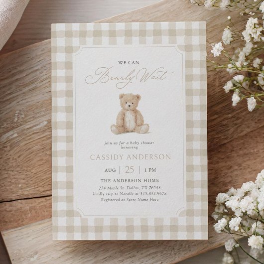 We Can Bearly Wait Neutral Teddy Bear Baby Shower 招待状