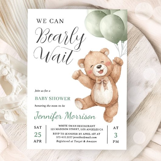 We Can Bearly Wait Neutral Teddy Bear Baby Shower 招待状