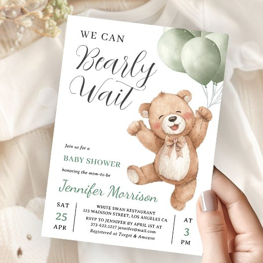 We Can Bearly Wait Neutral Teddy Bear Baby Shower 招待状