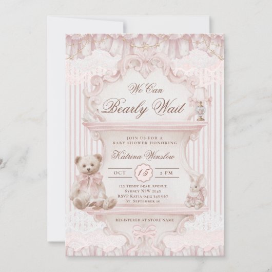 We Can Bearly Wait Nursery Girl Baby Shower 招待状 (正面)