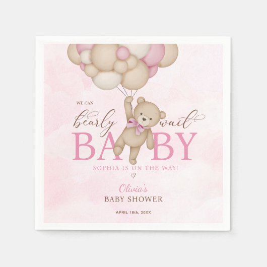 We Can Bearly Wait Pink Baby Shower スタンダードカクテルナプキン (正面)