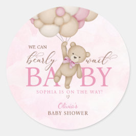 We Can Bearly Wait Pink Baby Shower ラウンドシール