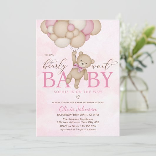 We Can Bearly Wait Pink Baby Shower 招待状 (スタンド正面)