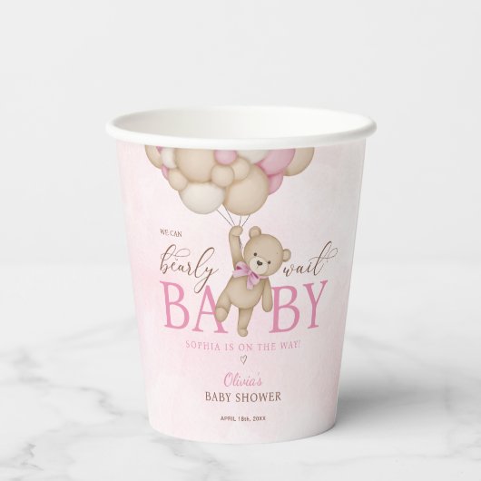 We Can Bearly Wait Pink Baby Shower 紙コップ (裏面)