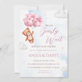 We Can Bearly Wait Pink Baby Shower Invitation 招待状
