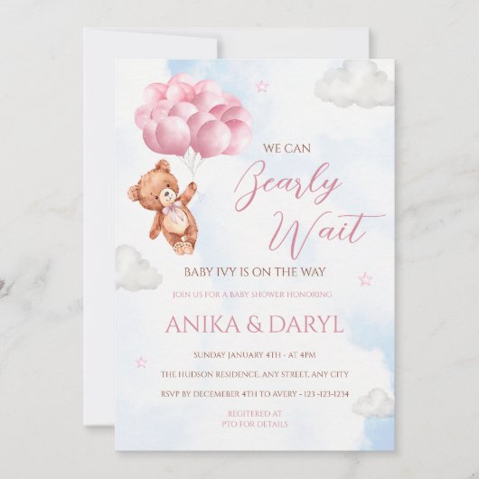We Can Bearly Wait Pink Baby Shower Invitation 招待状 (正面)