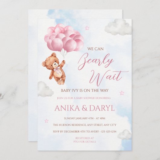 We Can Bearly Wait Pink Baby Shower Invitation 招待状 (正面/裏面)
