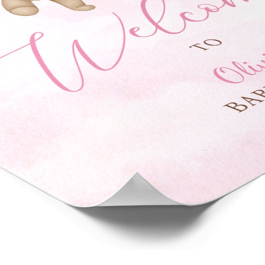 We Can Bearly Wait Pink Baby Shower Welcome Sign ポスター (角)