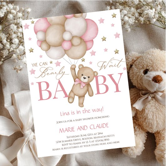 We can Bearly Wait Pink&beige Balloons baby shower 招待状