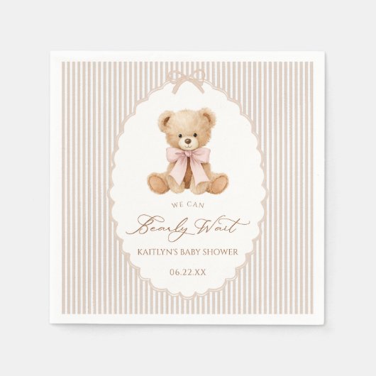 We Can Bearly Wait pink bow girl Baby Shower スタンダードカクテルナプキン (正面)