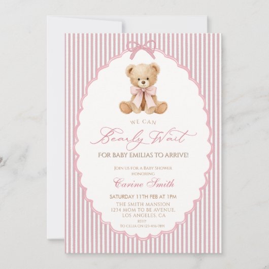 We Can Bearly Wait pink bow girl Baby Shower 招待状 (正面)
