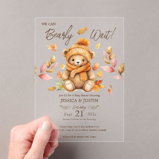 We Can Bearly Wait Pink Fall Baby Shower アクリル招待状 (インサイチュ (ポータブル))