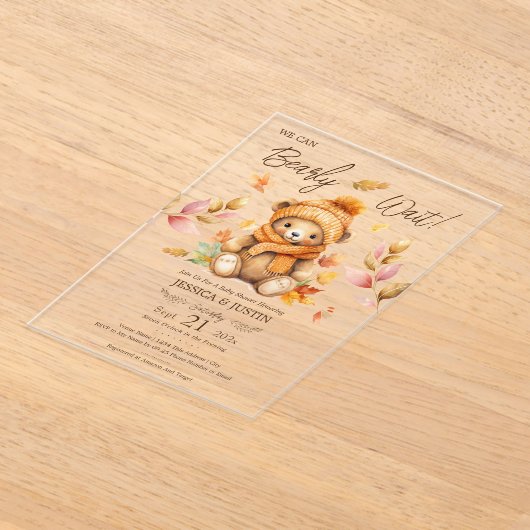 We Can Bearly Wait Pink Fall Baby Shower アクリル招待状 (レイダウン)
