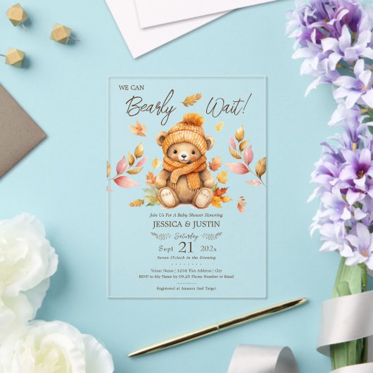 We Can Bearly Wait Pink Fall Baby Shower アクリル招待状 (インサイチュ (ウェディング))