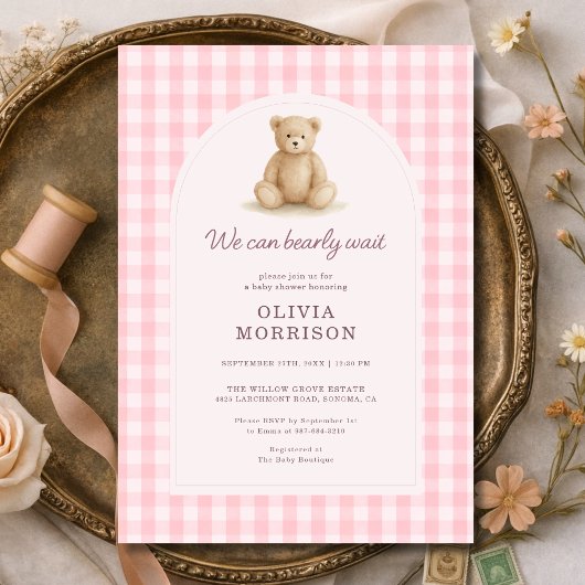 We Can Bearly Wait Pink Gingham Baby Shower 招待状