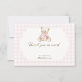 We Can Bearly Wait Pink Gingham Teddy Bear Baby サンキューカード (正面)