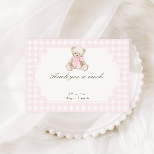 We Can Bearly Wait Pink Gingham Teddy Bear Baby サンキューカード