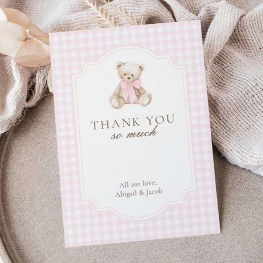We Can Bearly Wait Pink Gingham Teddy Bear Baby サンキューカード
