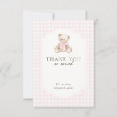 We Can Bearly Wait Pink Gingham Teddy Bear Baby サンキューカード (正面)