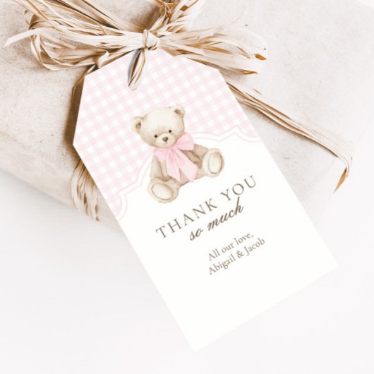 We Can Bearly Wait Pink Gingham Teddy Bear Favor ギフトタグ