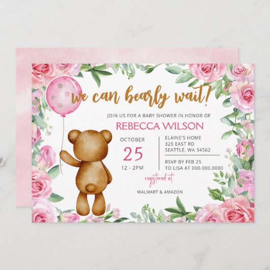 We Can Bearly Wait Pink Girl Baby Shower 招待状 (正面/裏面)