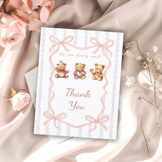 We Can Bearly Wait Pink Lace Ribbon Baby Shower  サンキューカード