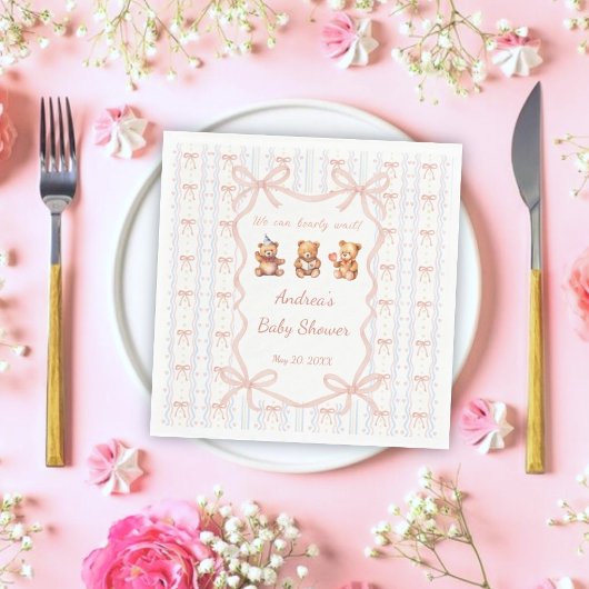We Can Bearly Wait Pink Lace Ribbon Baby Shower  スタンダードランチョンナプキン