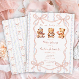 We Can Bearly Wait Pink Lace Ribbon Baby Shower 招待状